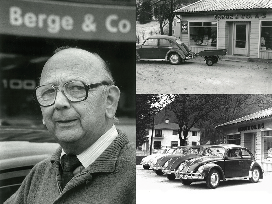 Erling Berge, grunnlegger av Berge og Co.  Volkswagen Boble utenfor gamle lokaler i Hafstadvegen. 